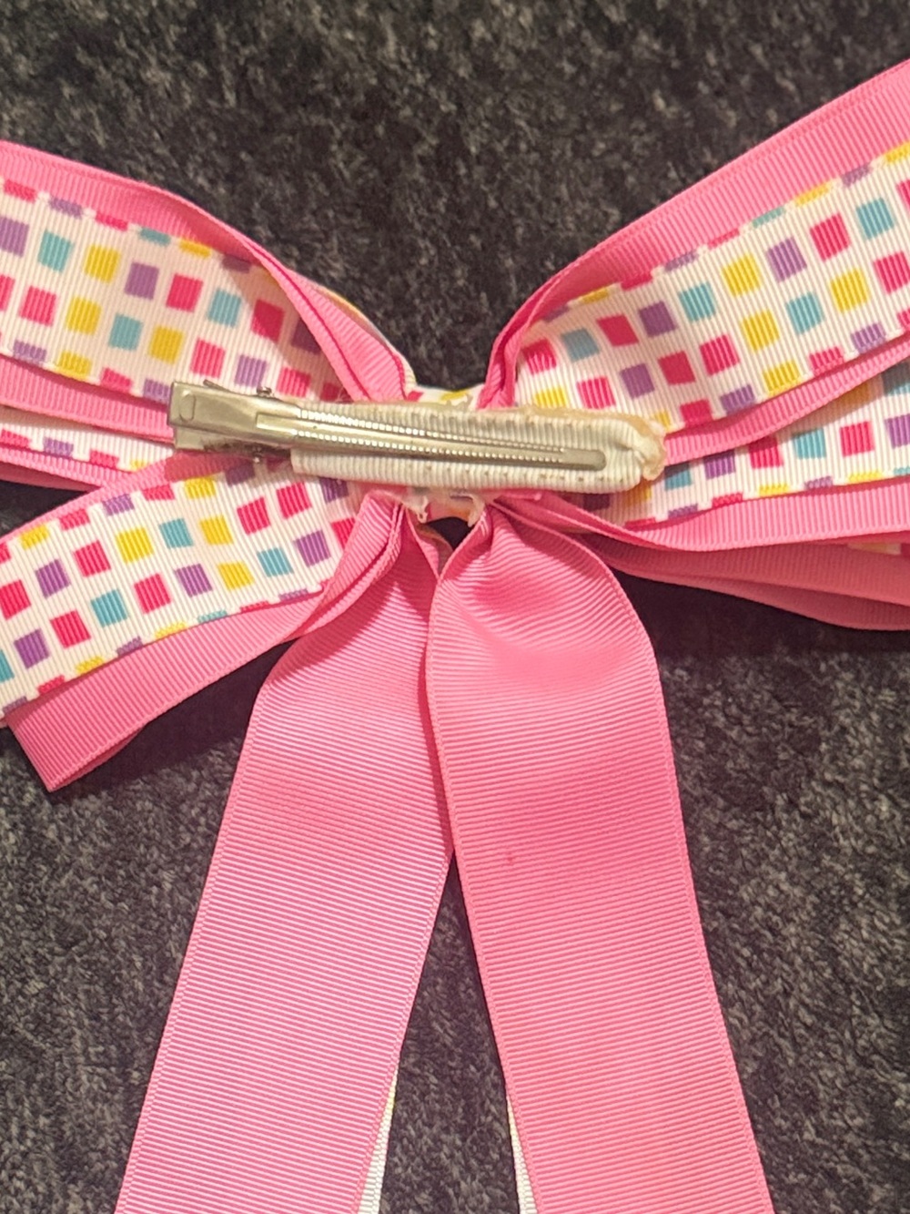 Pink Multi-Color Square Pattern Kids Hair Bow - Picture 3 of 3
